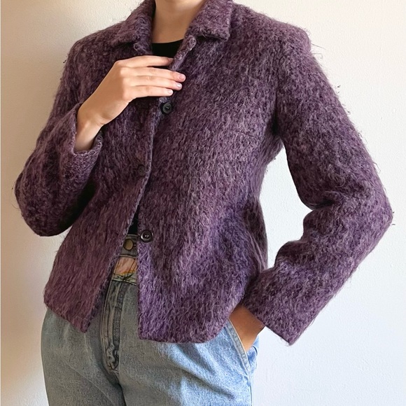 VINTAGE MOHAIR ALPACA WOOL VIOLET SHORT JACKET BLAZER FUZZY S M GERMANY - Picture 3 of 11
